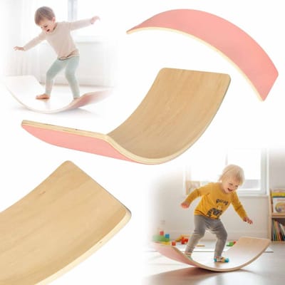 Playos® - Houten Balansbord - met Roze Vilt - tot 200 kg - 82 x 30 cm - Kinderen en Volwassenen - Wiebelbord Peuters - Balanceerbord - Balance Board - Montessori Speelgoed