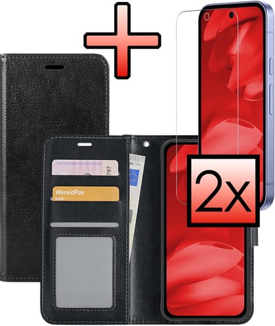 Hoesje - Met 2x Screenprotector - Geschikt voor Google Pixel 9a - Luxe Pasjeshouder - Bookcase Portemonee - Flip Case - Kunstleer Book Case - Flipcase Hoes - Book Cover - Walletcase - Portemonneehoes - Zwart