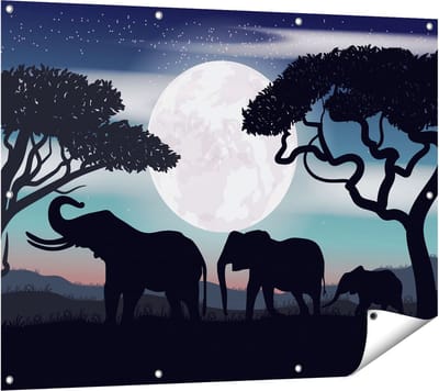 Gards Tuinposter Olifanten Silhouet tijdens Volle Maan - 120x90 cm - Tuindoek - Tuindecoratie - Wanddecoratie buiten - Tuinschilderij