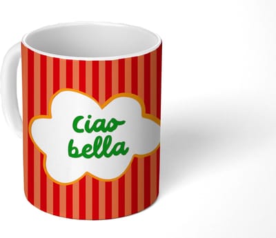 Mok - Koffiemok - Ciao bella - Tekstwolk - Strepen - Oranje - Mokken - 350 ML - Beker - Koffiemokken - Theemok - Mok met Tekst