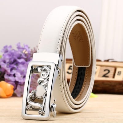 Dames Echte Leren Riem Casual en Veelzijdig Dubbelzijdig Twee Laags Rundleer Lychee Patroon Automatische Gesp Riem 100-125cm brown
