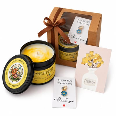 Pien's Candles - Geurkaars Bakje bloemen, cadeau box (bedankt, voor jou). Inclusief handgeschreven kaart, geurkaars en sleutelhanger.