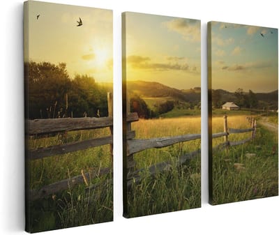 Artaza Canvas Schilderij Drieluik Boerderij Hekken op het Grasveld - 120x80 - Foto Op Canvas - Canvas Print