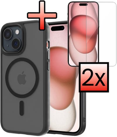 Hoesje - Met 2x Screenprotector - Geschikt voor Apple iPhone 15 - Magsafe Compatible - Sterk & Shockproof - Back Cover - Shock Proof Case - Telefoon Hoes - Zwart