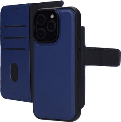 Mobiparts hoesje geschikt voor Apple iPhone 16 Pro - Wallet 2-in-1 Boekhoesje - MagSafe - Echt Leder - Uitneembare Case - Sterke Magneet Sluiting - Contactloos betalen - Blauw