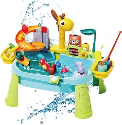 Watertafel Met Activiteiten - Buitenspeelgoed Tafel - Sensorisch Spel - Giraffenkraan Ontwerp - 45 x 15 x 335 cm - Blauw