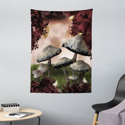 ABAKUHAUS Fantasy Wandtapijt, Betoverd Boslandschap met Paddenstoelen en Feeën, 110 x 150 cm, Kastanjebruin Grijs