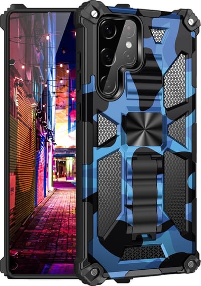 Hoesje Geschikt Voor Samsung Galaxy S22 Ultra hoesje rugged extreme backcover met ring houder Camouflage - Blauw
