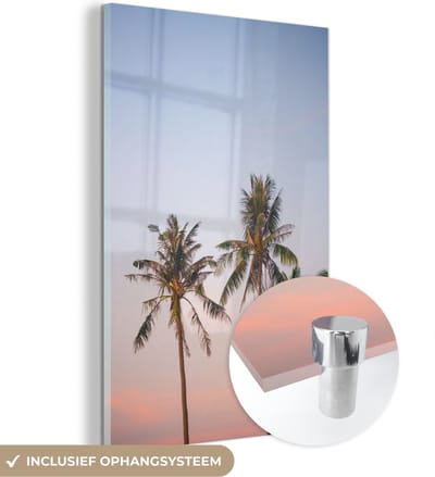 MuchoWow® Glasschilderij 120x180 cm - Schilderij acrylglas - Palmbomen - Zomer - Pastel - Foto op glas - Schilderijen