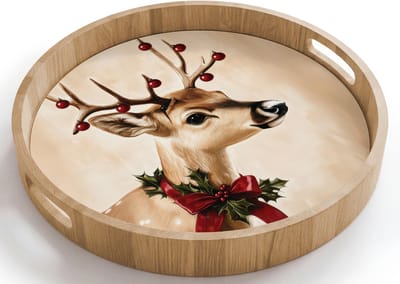 Dienblad rond 40x40 cm - Schootdienblad hout - Gewei - Kerst - Rendier - Rood - Borrelplank rechthoek - Plateau houten dienbladen