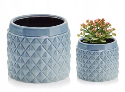 Polnix Serie - Blauwe Keramische Bloempot - 15x13cm - Geometrische Patronen - Geglazuurd