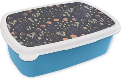 Broodtrommel Blauw - Lunchbox - Brooddoos - Ruimte - Maan - Sterren - Bloemen - Patroon - 18x12x6 cm - Kinderen - Jongen