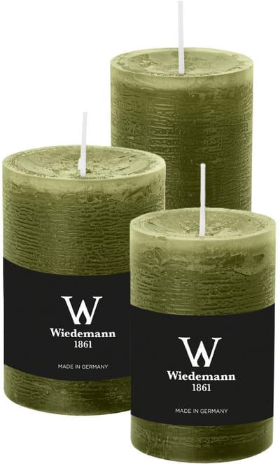 Wiedemann Cilinderkaarsen/stompkaarsen - set van 3 - rustieke kaars - olijfgroen - 6x9/6x12/7x10 cm