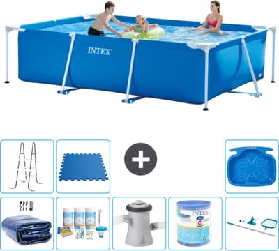 Intex Rechthoekig Frame Zwembad - 300 x 200 x 75 cm - Blauw - Inclusief Solarzeil - Onderhoudspakket - Zwembadfilterpomp - Filter - Schoonmaakset - Ladder - Voetenbad - Vloertegels - 9-delig