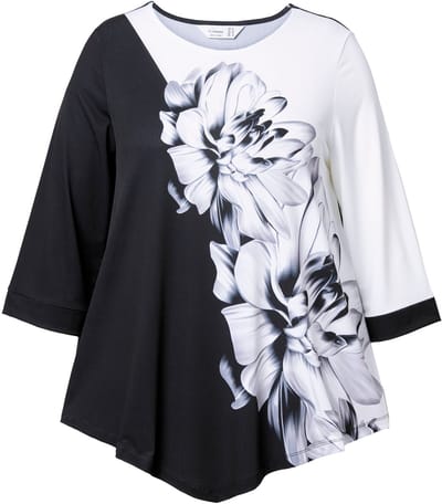 MIAMODA - Dames - T-shirt bloemprint 3/4-mouw puntzoom - Zwart - Maat 46