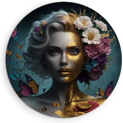 Saammp Muurcirkel Hout - Vrouw met goud en bloemen - abstract - Goud - Ø 90 - Wandcirkel - Wanddecoratie Cirkel - Muurdecoratie Woonkamer - Slaapkamer decoratie - Rond Schilderij