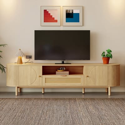 Pugsdrly Modern tv-meubel met rotan lades en open vakken, afgeronde bovenkant, metalen poten in houtlook, multifunctioneel meubel voor in de woonkamer.