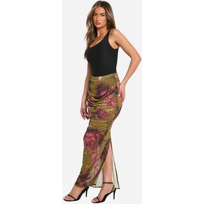 boohoo Dames Florale mesh maxi-rok met ruche details | Olijf | Maat: 34