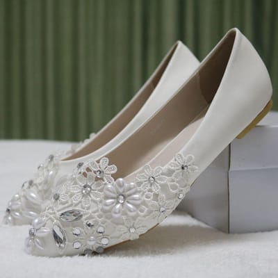 Grote Maat Platte Puntige Strass Kant Bruidsschoenen Bruidsschoenen Dansen Bruidsmeisjesschoenen Comfortabele Schoenen met Platte Hak Dames 36 gray