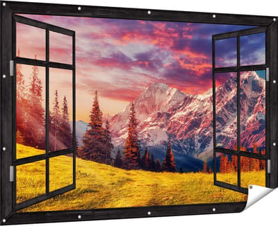 Gards Tuinposter Doorkijk Alpen Landschap met een Kleurrijke Hemel - 180x120 cm - Tuindoek - Tuindecoratie - Wanddecoratie buiten - Tuinschilderij