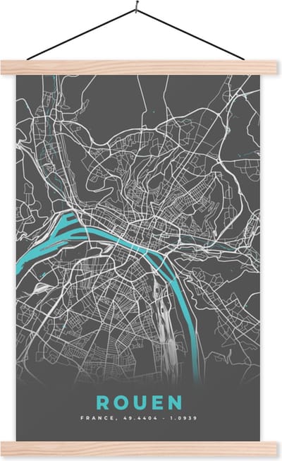 Posterhanger incl. Poster 40x60 cm - Schoolplaat - Rouen - Frankrijk - Stadskaart - Kaart - Plattegrond - Textielposter - Blanke latten - Stadskaart