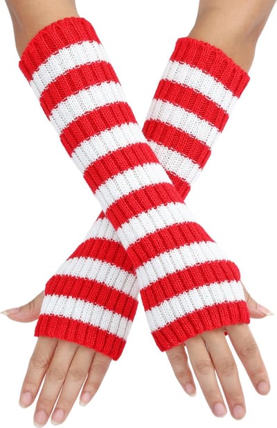 Lange polswarmers Rood/Wit gestreept - Vingerloze handschoenen dames - Gothic Armwarmers