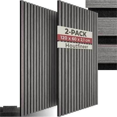 tectake® Akoestische Panelen - Set van 2 - Akoestisch Wandpaneel - 60 x 120 cm - 1,44 m² - Wandpanelen met Aanpasbare Grootte - Lattenwand van MDF en Houtfineer - Geluidsisolatie - Stijlvolle Wanddecoratie - Eenvoudige Montage - Eiken Lichtgrijs