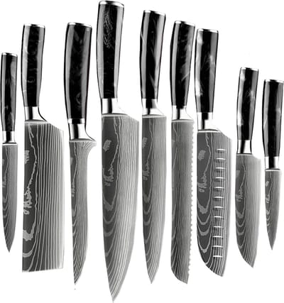 Shinrai Knives - Messenset - 9 delig - Koksmes - Japans Design - Mes - Damascus Print Onyx Epoxy - Met Luxe Geschenkdoos - Keukenmessen