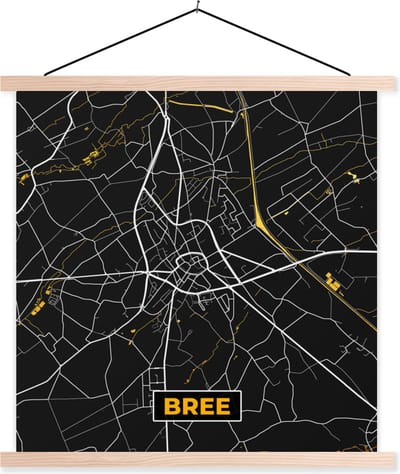 Posterhanger incl. Poster 40x40 cm - Schoolplaat - Plattegrond - Bree - Goud - Kaart - Stadskaart - Textielposter - Blanke latten - Stadskaart