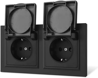 Waterdicht dubbel Schuko-stopcontact met deksel - inbouw wandcontactdoos met gladde afwerking