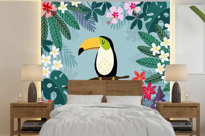 Behang meisjeskamer - Fotobehang Toekan - Planten - Bloemen - Kinderen - Dieren - Kids - Breedte 240 cm x hoogte 240 cm