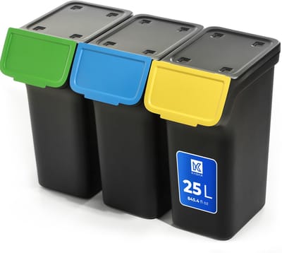 KADAX Afvalemmer met deksel, plastic afvalemmer voor afvalscheiding, rechthoekige afvalemmer met klapdeksel (zwart, 3 x 25 l)