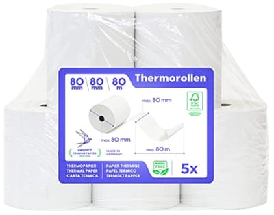 Thermorollen 80mm x 80m - Bonrollen voor Kassa met Bonprinter - BPA-vrij Thermisch Papier (5 Rollen)