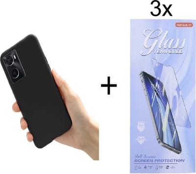Hoesje Geschikt voor: Oppo A96 / A76 / A36 Silicone - Zwart + 3X Tempered Glass Screenprotector - ZT Accessoires