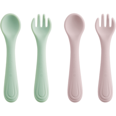 Bc Babycare siliconen vork en lepel, 2-delig, BPA-vrij, roze + groen