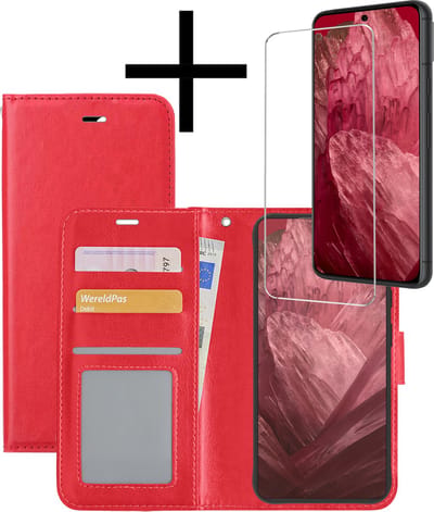 Hoesje - Met Screenprotector - Geschikt voor Google Pixel 8a - Luxe Pasjeshouder - Bookcase Portemonee - Flip Case - Kunstleer Book Case - Flipcase - Book Cover - Walletcase - Portemonneehoes - Rood