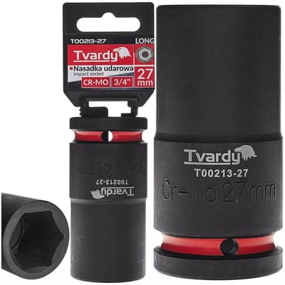 Tvardy Slagdop lang zeskant 27 mm - chroom-molybdeenstaal - vierkante opname 19 mm - zwart - voor slagmoersleutel en diep liggende moeren in auto- en industriewerk