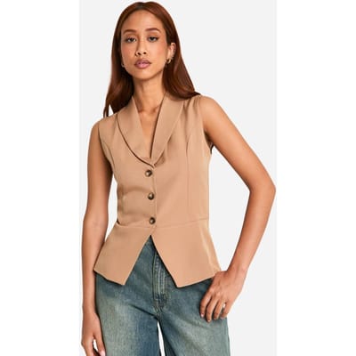 boohoo Dames Contrast Nep Hoorn Knop Longline Waistcoat | Camel | Maat: 6