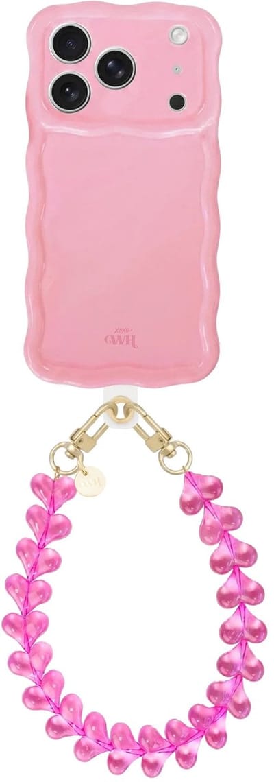 xoxo Wildhearts Glossy Wavy Case Bubble Blush - Funky Hearts - geschikt voor iPhone 17 Pro Max - hoesje met telefoonkoord - afneembaar harten koord - hartjesketting - kort telefoonkoord - hoesje met golven - Roze