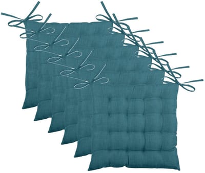 Stof Textile stoelkussen BEA - 6x - petrol blauw - 40 x 40 x 4 cm - touwtjes sluiting - binnen/buiten - zitkussens plat