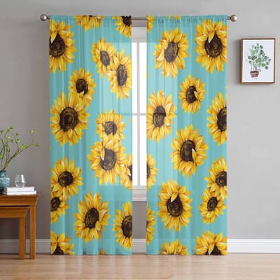 Zonnebloem Transparante Gordijnen voor Woonkamer Decoratie Raamgordijnen voor Keuken Tule Voile Organza Gordijnen W135 x H115cm x1 yellow