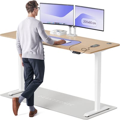 Desktronic HomePro Zit-sta Bureau Elektrisch In Hoogte Verstelbaar, 200x80 cm Bamboo/Wit, Stille Dubbele Motor, Hoogte 62-126cm