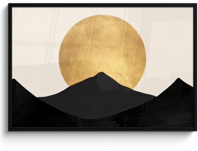 Poster in lijst - Fotolijst 120x80 cm - Posters - Bergsilhouetten - Gouden cirkel - Beige - Posterlijst zwart - Decoratie - Wanddecoratie woonkamer - Muurdecoratie slaapkamer