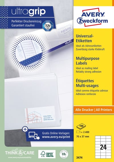 Avery printeretiketten AVERY ZWECKFORM universele etiketten 70 x 37 mm, 3474 (verpakking 2400 stuks)