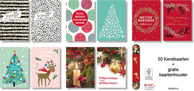 MGPcards - 50 Dubbele Kerstkaarten met envelop - Gratis kaartenhouder - Voordelige Kerstkaarten - Plastic vrij - Formaat: 10 x 14 cm - FSC