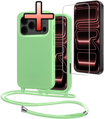 Hoes Geschikt voor iPhone 17 Pro Met Telefoonkoord Met Screenprotector - Siliconen Hoesje Backcover Met Ketting - Groen