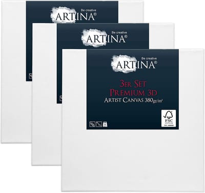 Artina Set van 3 Schildersdoeken 20x20 cm 3D Premium - Voorgerekte Doeken Wit met FSC® Houten Spieraam Stabiele Voorbehandelde Canvas Schildersdoek 380g/m²