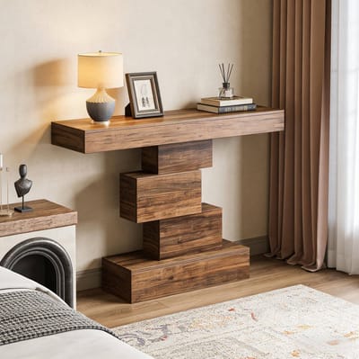 Sidetable - Geometrisch Onderstel En Houtlook - Voor Hal Woonkamer Slaapkamer En Balkon - Spaanplaat - 108x30x80 Cm - Donkerbruin