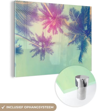 MuchoWow® Glasschilderij 40x30 cm - Schilderij acrylglas - Palmbomen - Palmbladeren - Palm - Zomer - Tropisch - Foto op glas - Schilderijen