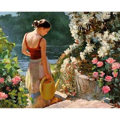 Diamond Painting Dame die Bloemen Water heeft gegeven 5d Afbeeldingen Volledige Diamantborduurwerk 20X30CM black